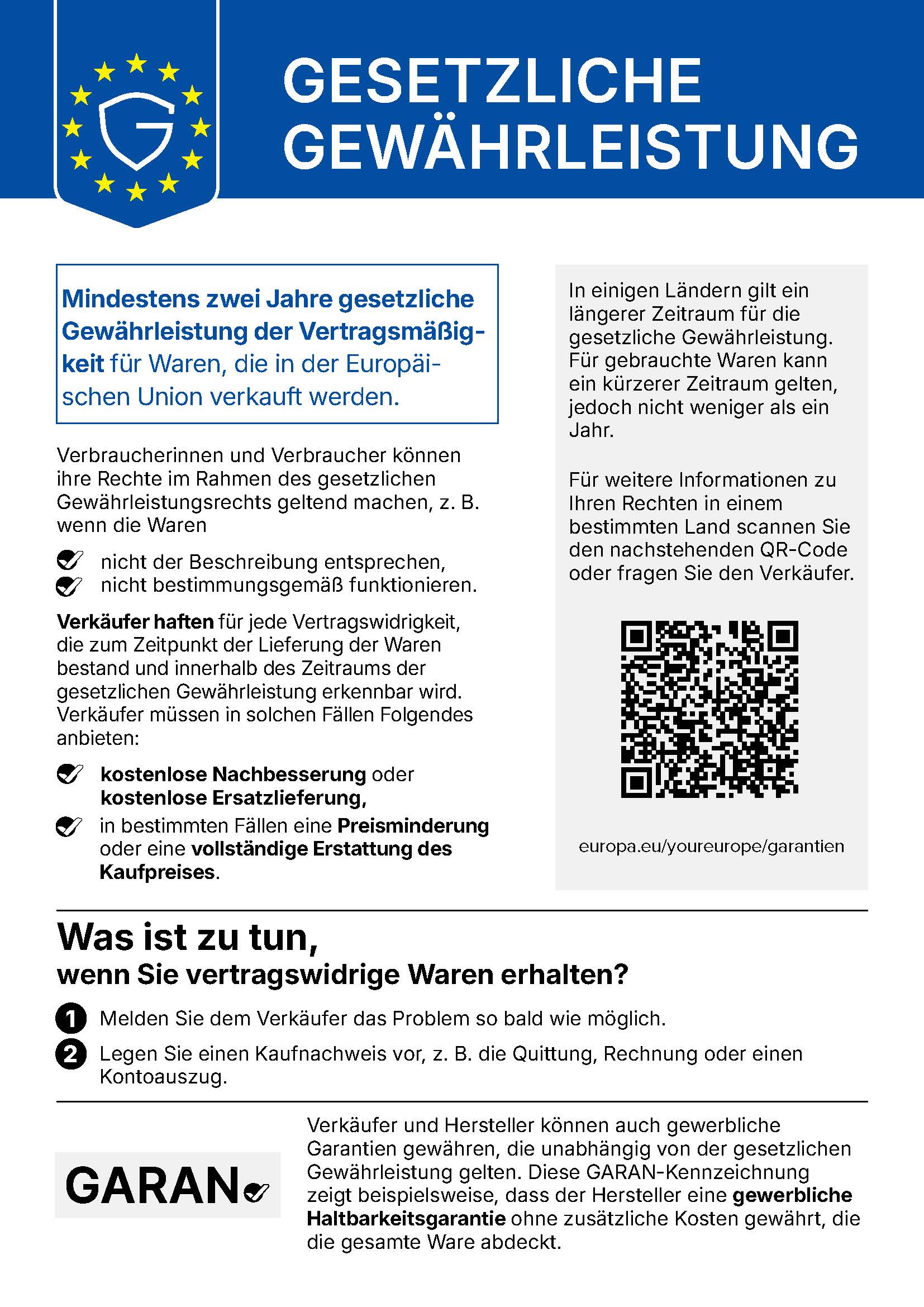 Gesetzliche Gewährleistung: mindestens zwei Jahre